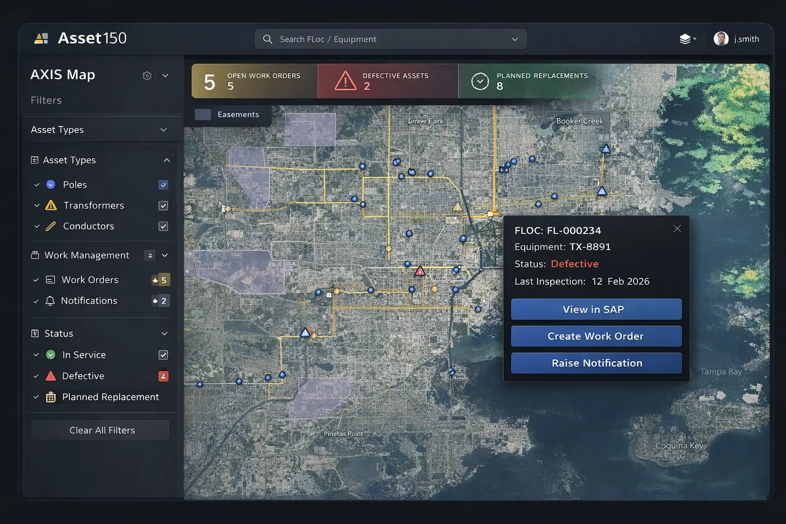 AXIS — map-driven operational asset view showing asset locations, work orders and defective assets